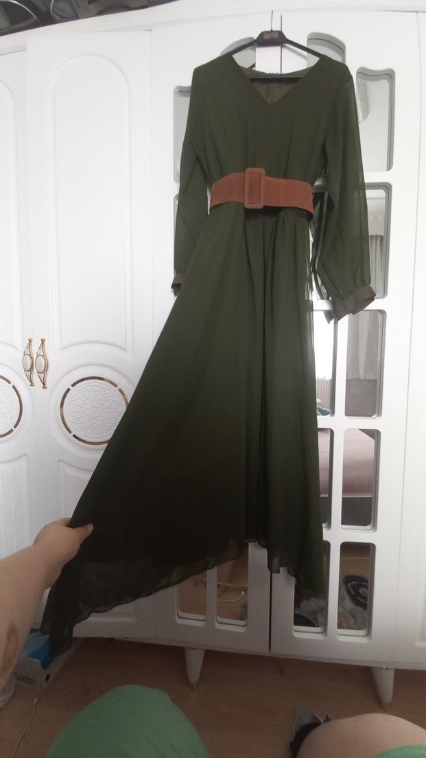 Süet Kemerli Uzun Elbise - HAKİ - Görsel 2