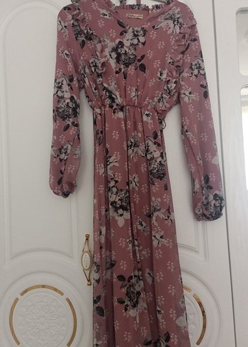 Pembe Çiçekli Uzun Bohem Elbise