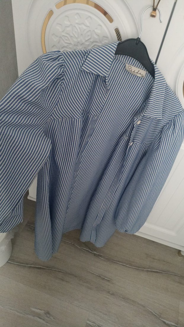 Düğmeli Çizgili Midi Keten Gömlek - Görsel 3