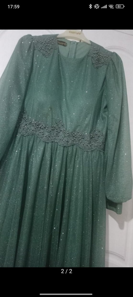 Yeşil Uzun Kollu İşlemeli Abiye Elbise - Görsel 2