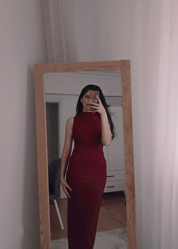 s Beden Bordo Drapeli Uzun Kadın Elbise