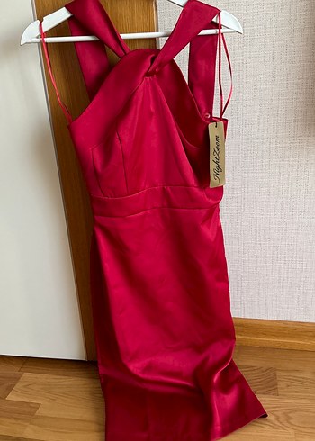 Bordo saten Parlak midi boy Askılı Elbise