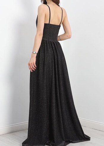 Siyah Uzun Askılı V Yaka Simli Abiye Elbise - Görsel 5