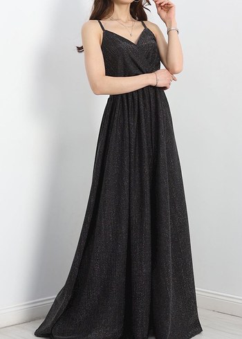 Siyah Uzun Askılı V Yaka Simli Abiye Elbise - Görsel 2