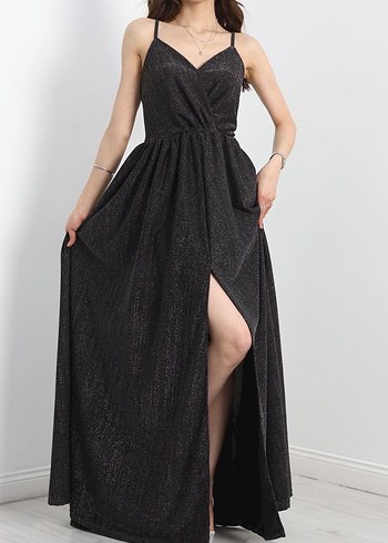 Siyah Uzun Askılı V Yaka Simli Abiye Elbise - Görsel 3