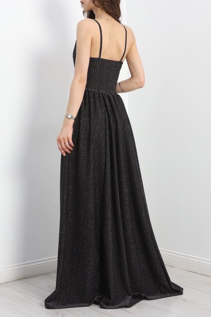 Siyah Uzun Askılı V Yaka Simli Abiye Elbise - Görsel 5