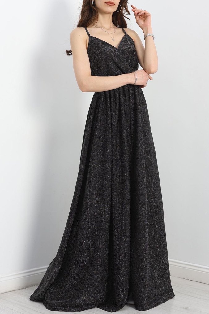 Siyah Uzun Askılı V Yaka Simli Abiye Elbise - Görsel 2