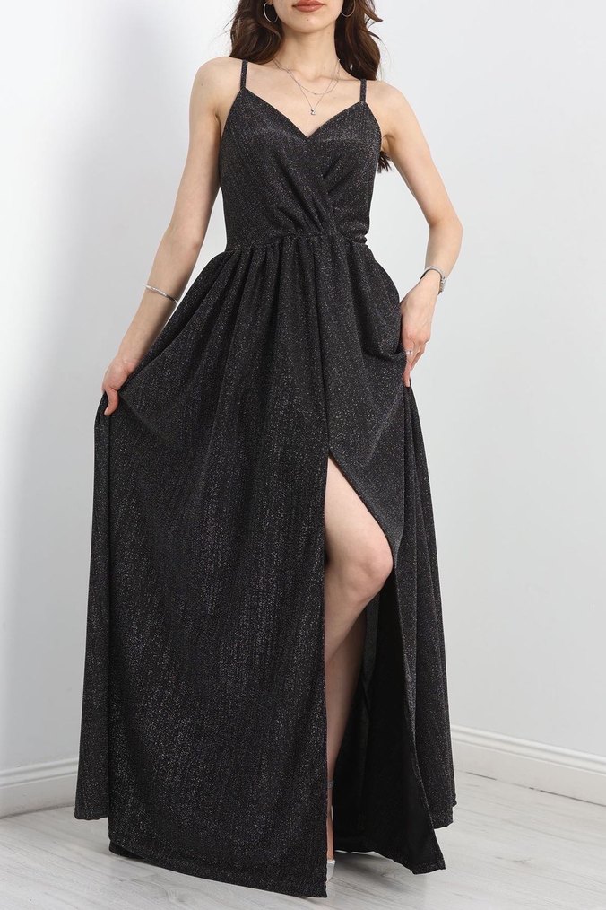 Siyah Uzun Askılı V Yaka Simli Abiye Elbise - Görsel 3