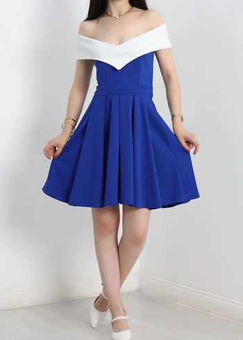 Saks Mavi Kayık Yaka Krep Midi Elbise - Görsel 2