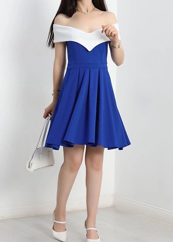 Saks Mavi Kayık Yaka Krep Midi Elbise - Görsel 3