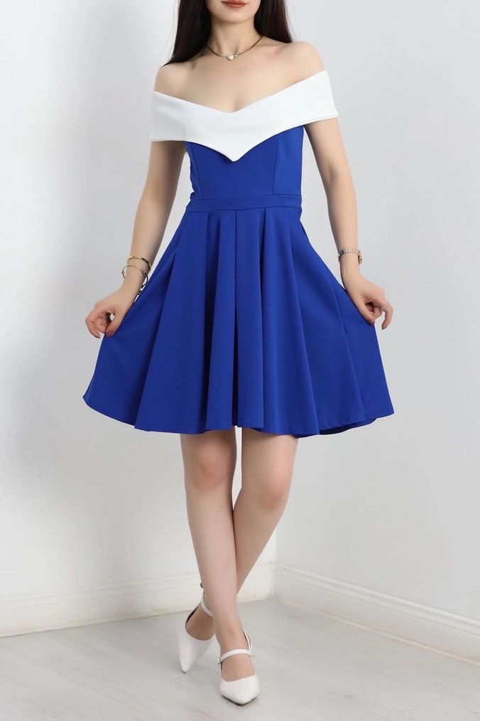 Saks Mavi Kayık Yaka Krep Midi Elbise - Görsel 2