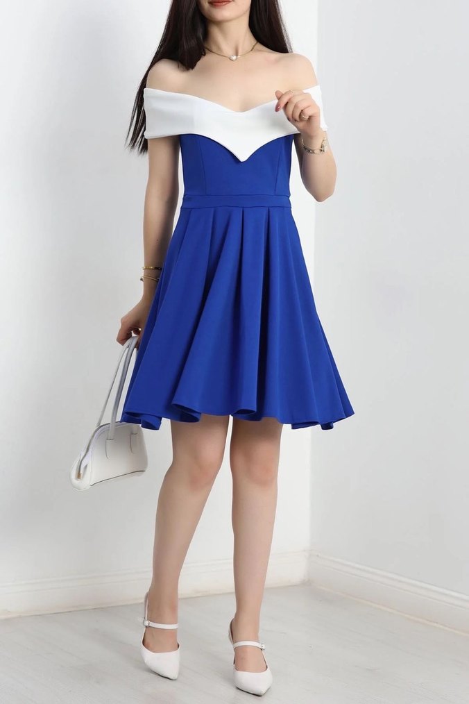 Saks Mavi Kayık Yaka Krep Midi Elbise - Görsel 3