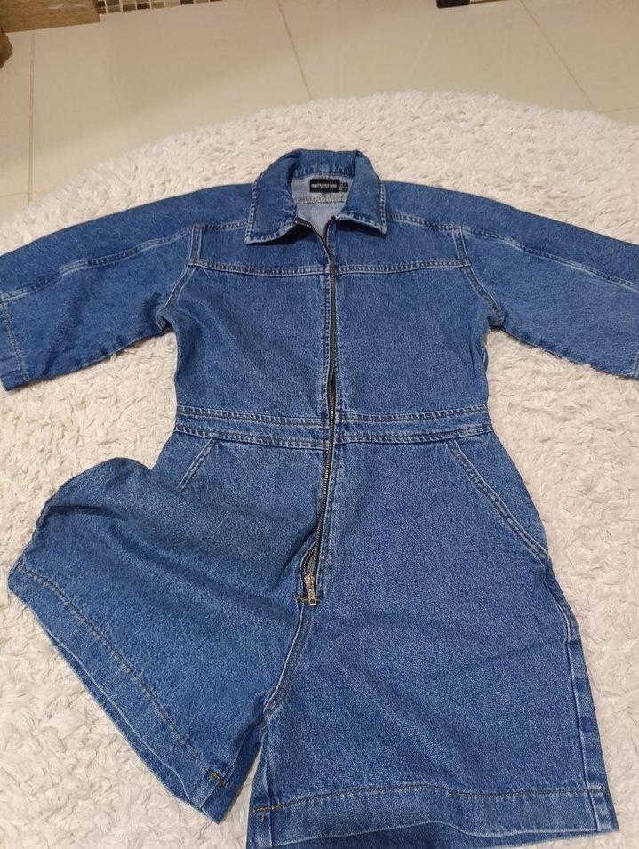Denim Fermuarlı Kısa Tulum - Görsel 3