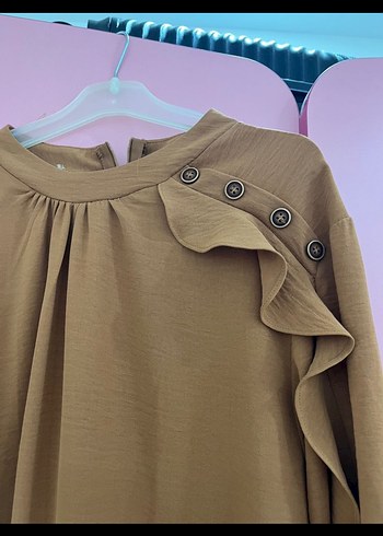 Bej Uzun Kollu Fırfırlı Salaş Elbise - Görsel 2