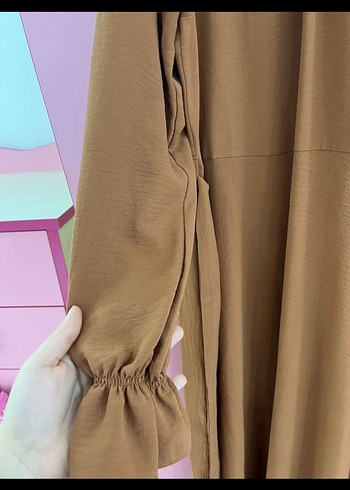 Bej Uzun Kollu Fırfırlı Salaş Elbise - Görsel 3