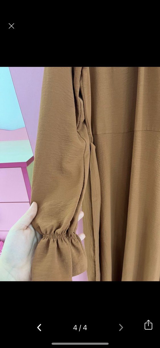 Bej Uzun Kollu Fırfırlı Salaş Elbise - Görsel 3