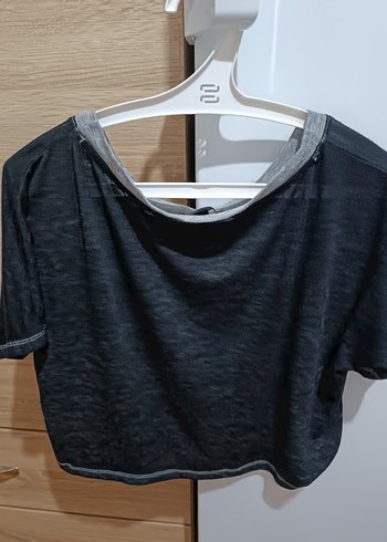 Gri Keten Kısa Kollu Salaş Bluz - Görsel 2