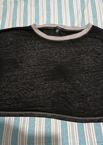 Gri Keten Kısa Kollu Salaş Bluz - Görsel 3