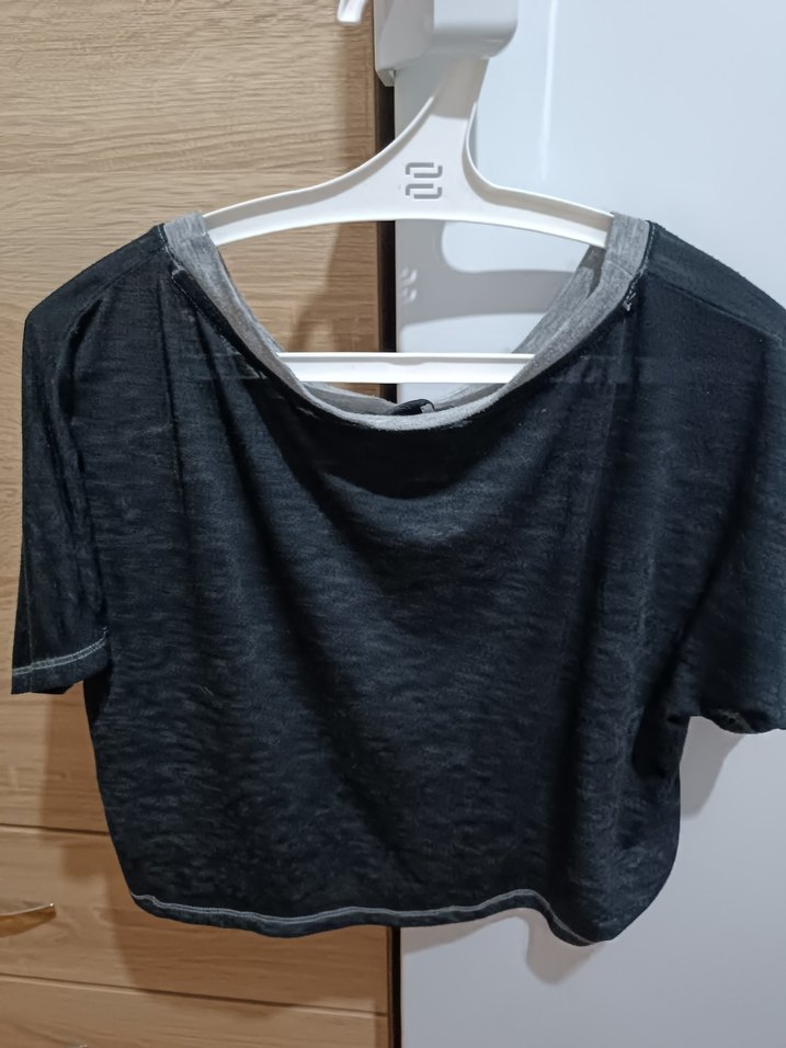 Gri Keten Kısa Kollu Salaş Bluz - Görsel 2