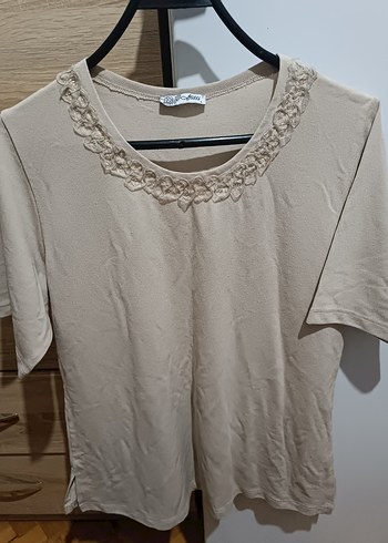 l Beden camel Renk Bej Kısa Kollu Keten Bluz