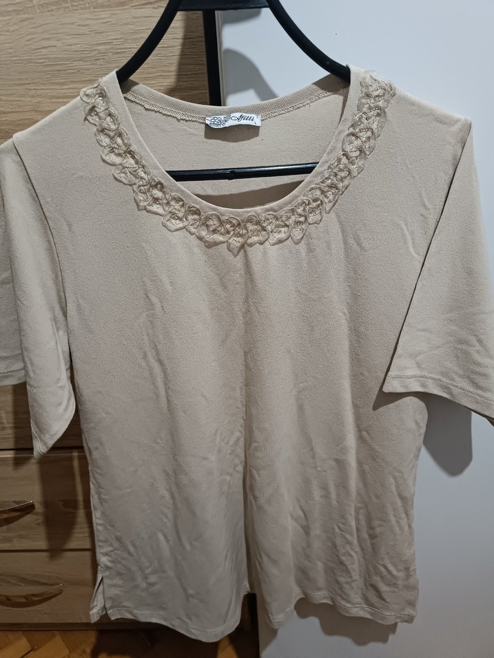 Bej Kısa Kollu Keten Bluz - Görsel 4