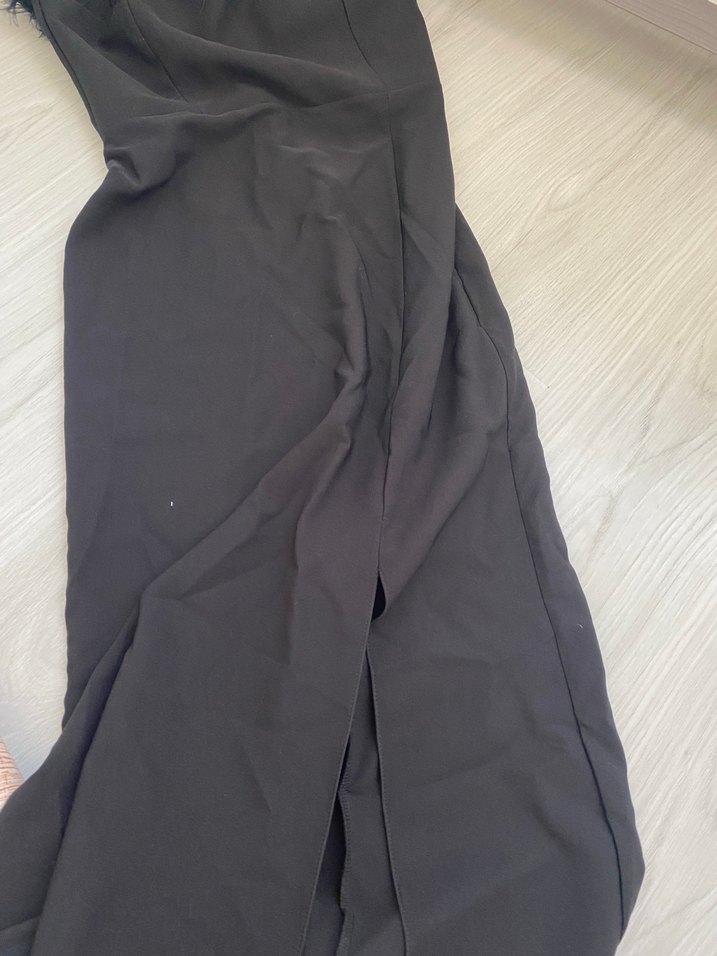 Kürk Detaylı Siyah Straplez Uzun Elbise - Görsel 2