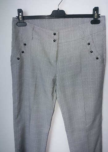 Düğmeli Gri Kadın Kumaş Pantolon - Görsel 3