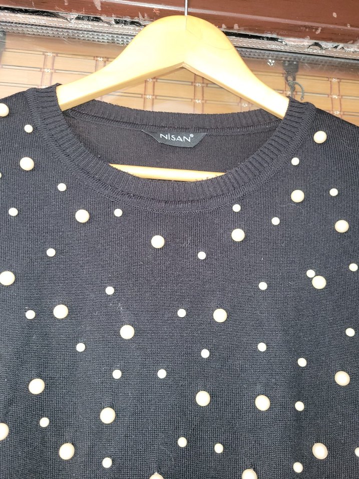 Siyah Uzun Kollu incili Triko Kazak - Görsel 2