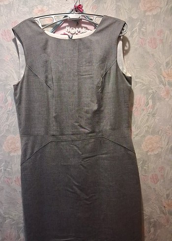 Kolsuz Gri Uzun Keten Kalem Elbise - Görsel 4