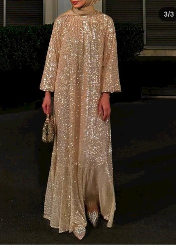 Parlak Altın Renkli Uzun Kollu Drapeli Kadın Abiye - Görsel 2