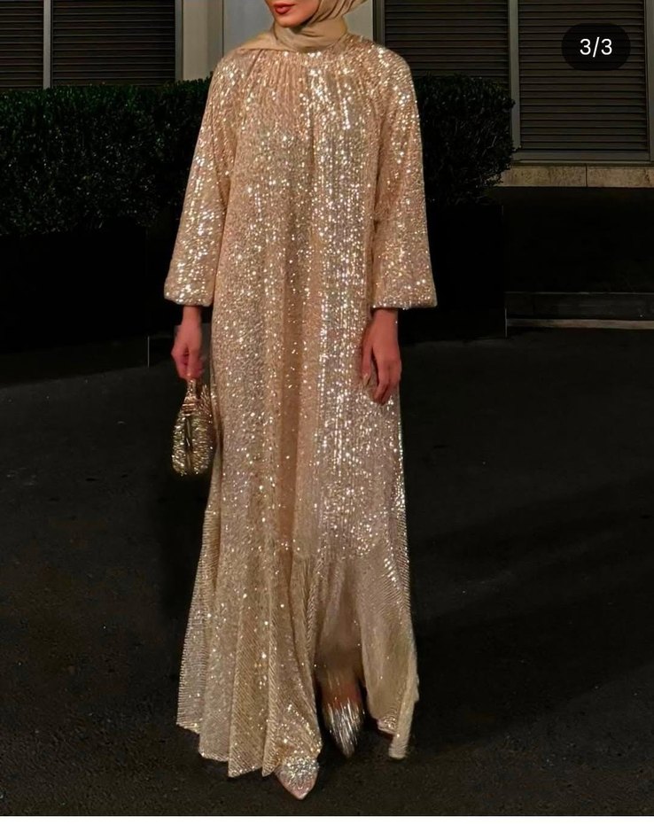 Parlak Altın Renkli Uzun Kollu Drapeli Kadın Abiye - Görsel 2