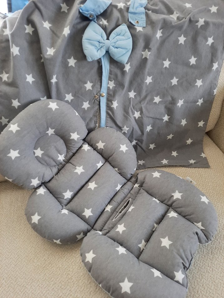 Gri Yıldız Desenli Bebek Oto Koltuğu Minderi ve Puset örtüsü - Görsel 2
