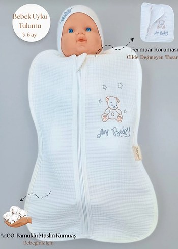 Nakışlı Beyaz Bebek Kundak, uyku torbası - Görsel 3