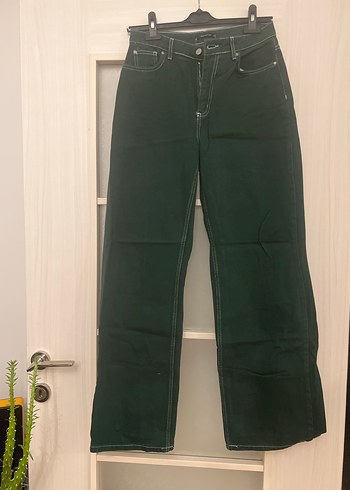 Yeşil Parlak Bol Kesim Denim Kadın Pantolon - Görsel 3