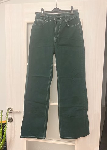 Yeşil Parlak Bol Kesim Denim Kadın Pantolon - Görsel 2