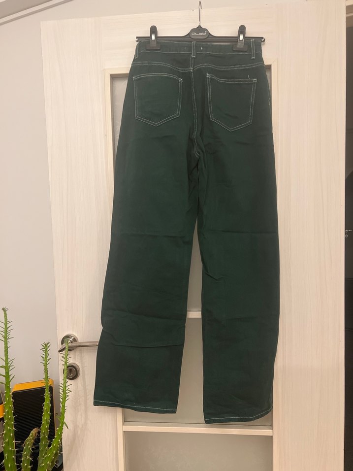 Yeşil Parlak Bol Kesim Denim Kadın Pantolon - Görsel 4