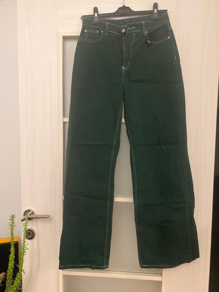 Yeşil Parlak Bol Kesim Denim Kadın Pantolon - Görsel 3