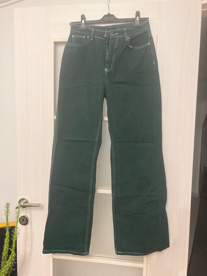 Yeşil Parlak Bol Kesim Denim Kadın Pantolon - Görsel 2