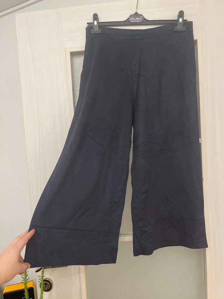 Lacivert Süet Geniş Kesim Midi Kadın Pantolon - Görsel 3