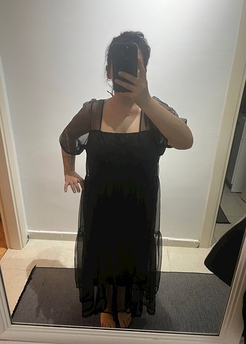 Siyah Tül Katlı  Midi Elbise - Görsel 5