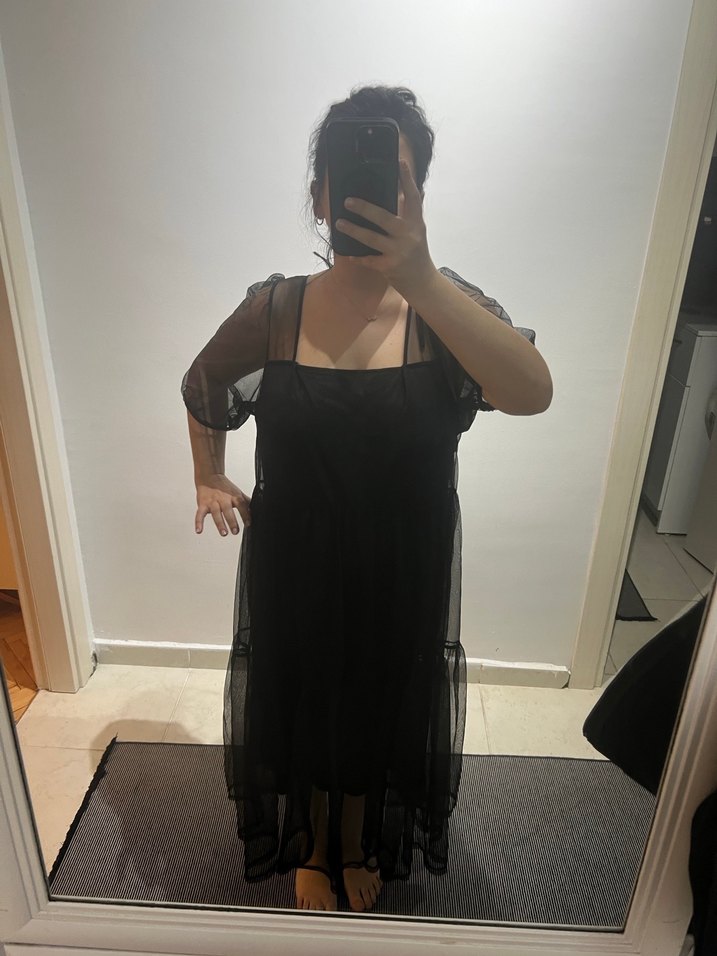 Siyah Tül Katlı  Midi Elbise - Görsel 5