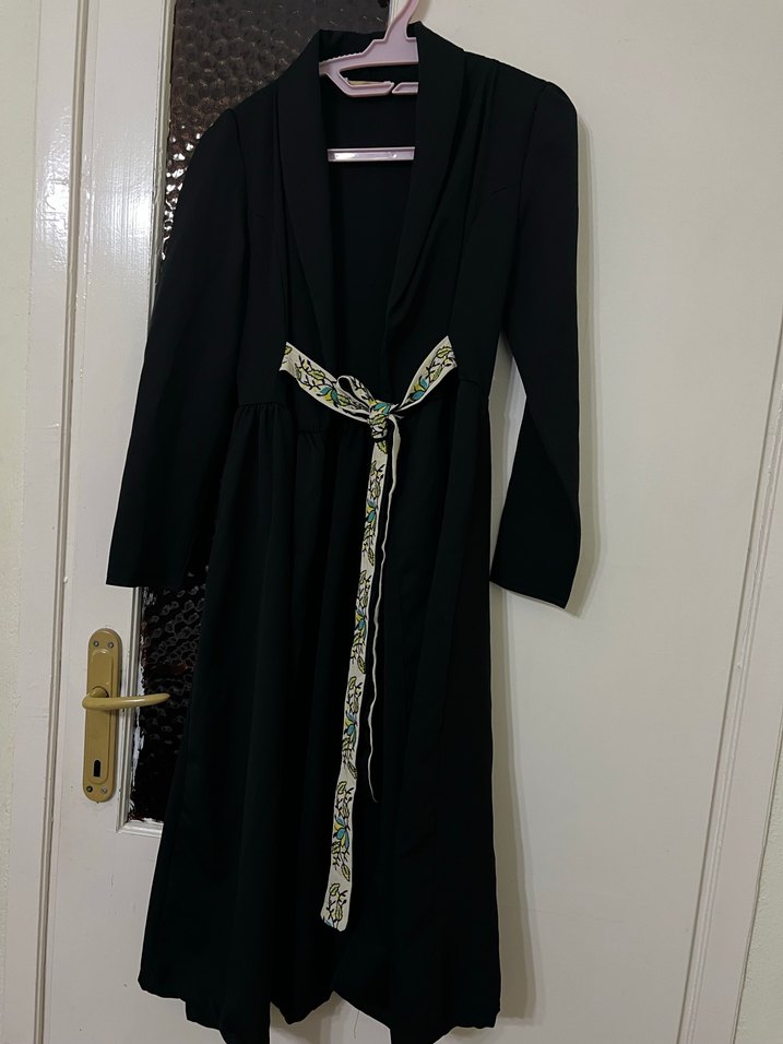 Uzun Siyah Yılan Desenli Bohem Kadın pardesü - Görsel 2