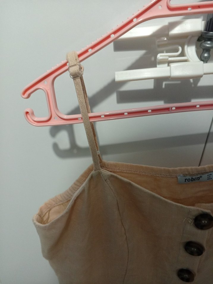 Bej Düğmeli Keten Mini Elbise - Görsel 4