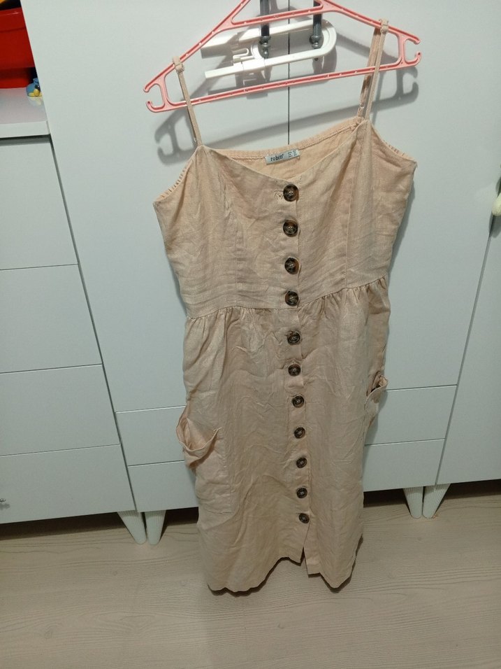 Bej Düğmeli Keten Mini Elbise - Görsel 2