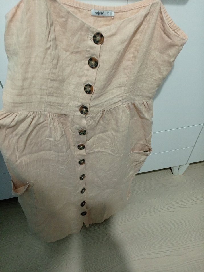 Bej Düğmeli Keten Mini Elbise - Görsel 3