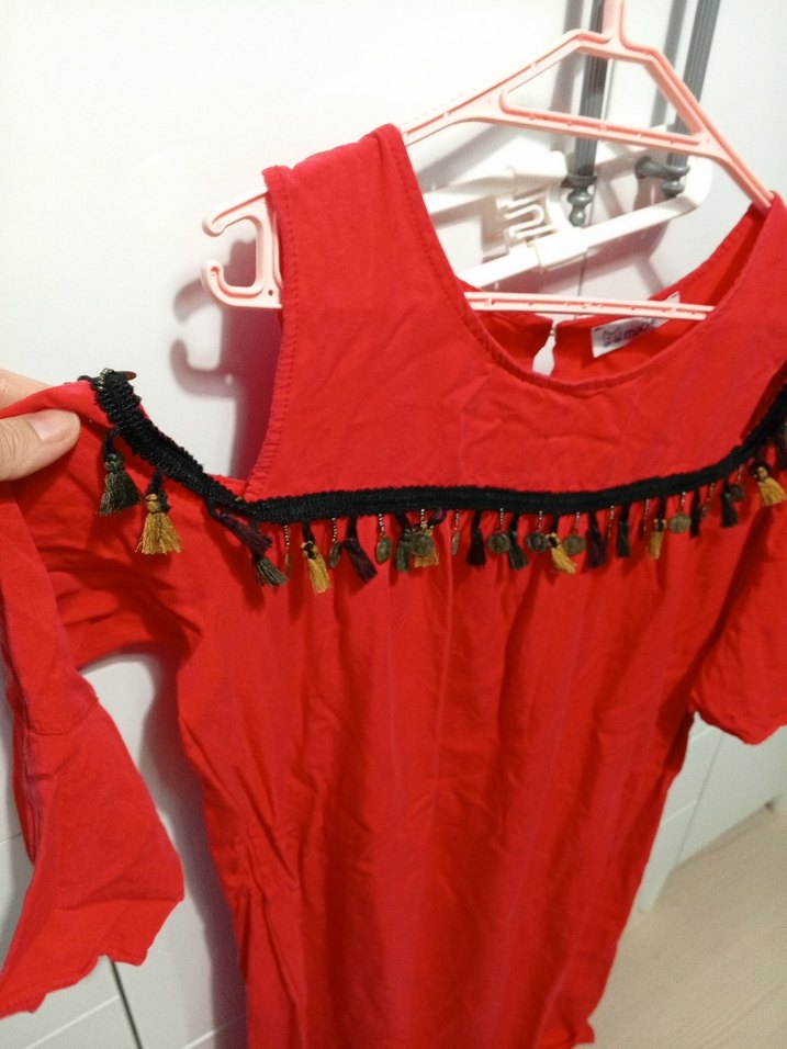 Püsküllü Kırmızı Bohem elbise - Görsel 3