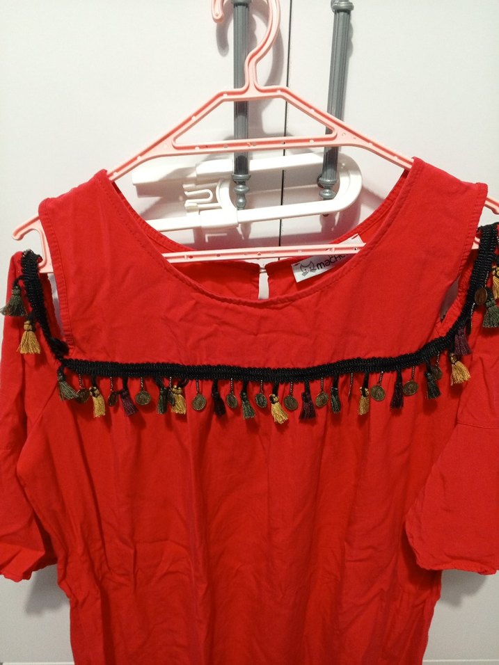 Püsküllü Kırmızı Bohem elbise - Görsel 2