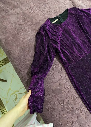 Mor Uzun Kollu Drapeli Abiye Elbise - Görsel 3