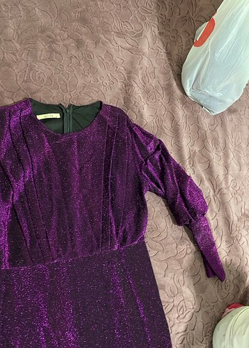 Mor Uzun Kollu Drapeli Abiye Elbise - Görsel 5