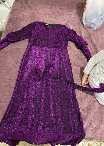 Mor Uzun Kollu Drapeli Abiye Elbise - Görsel 6